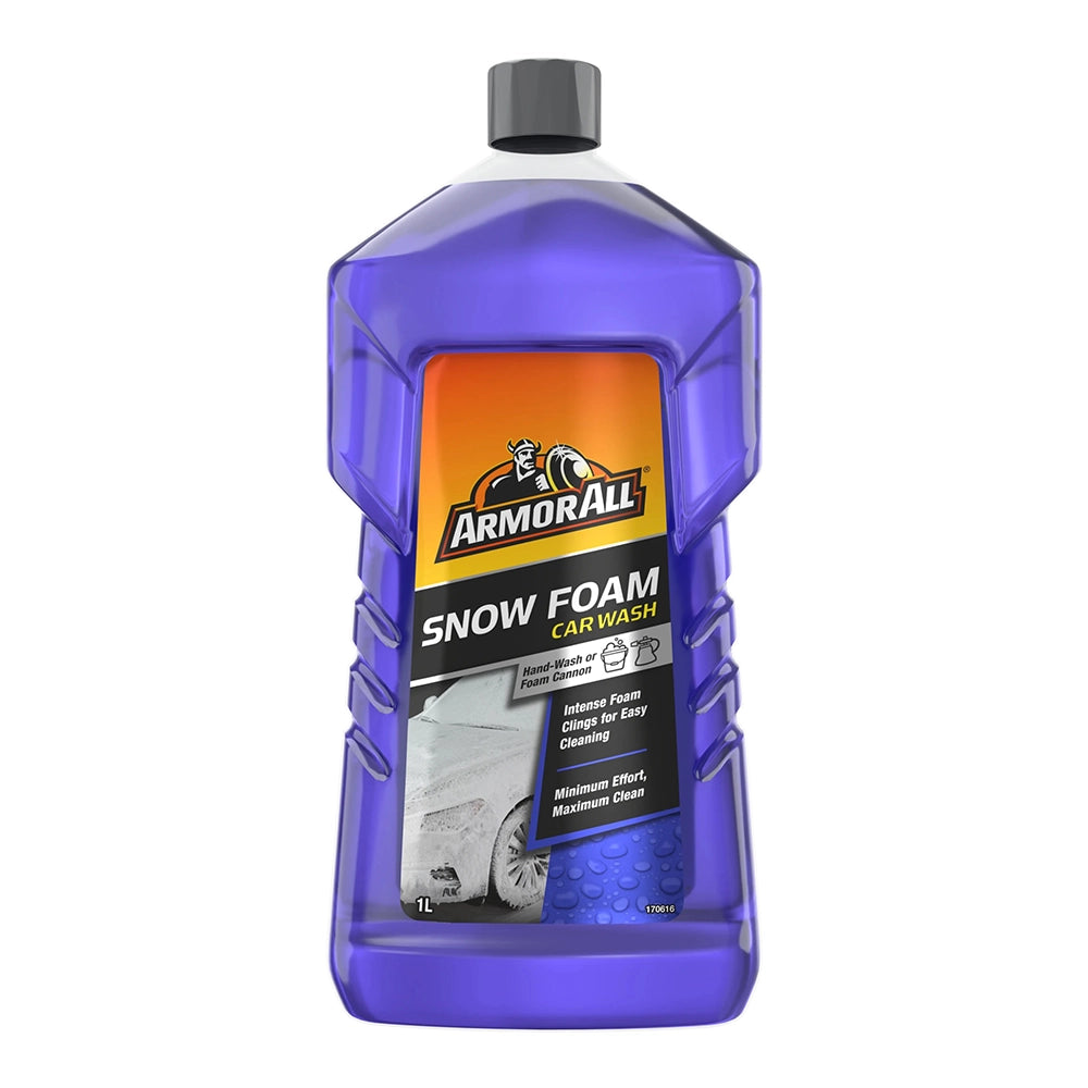 Armor All Snow Foam Car Wash bottle filled with purple liquid on a white background
