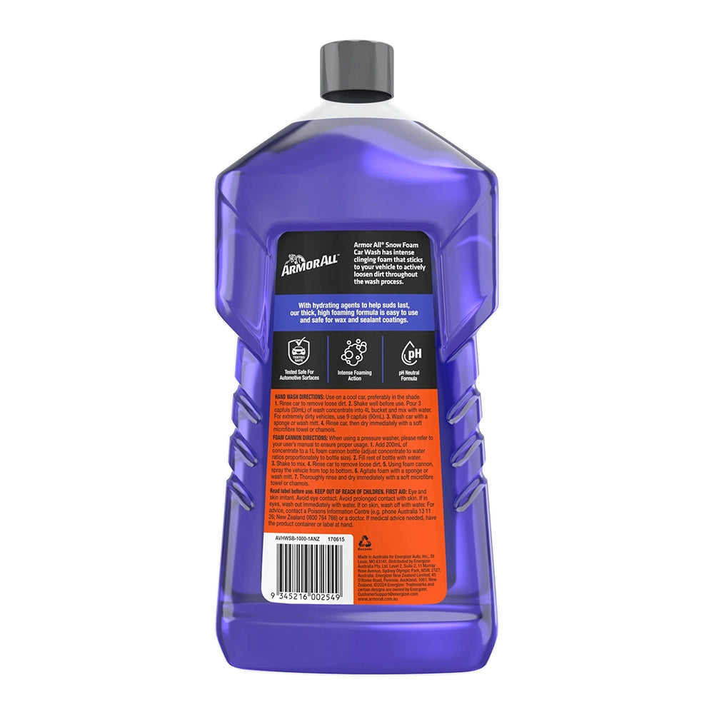 Armor All Snow Foam Car Wash bottle filled with purple liquid on a white background