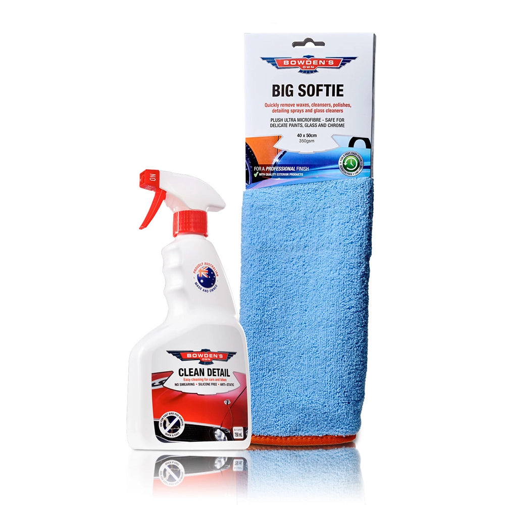 Bowden's Clean Detail spray bottle and Big Softie microfiber towel on a white background