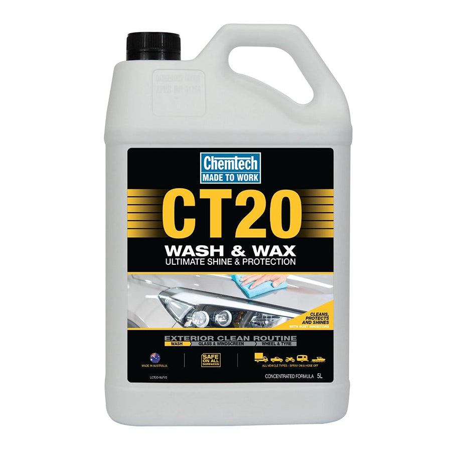 A white plastic bottle with a label that includes the brand name 'Chemtech' and product name 'CT20 Wash & Wax'. The label also features an image of a clean vehicle.