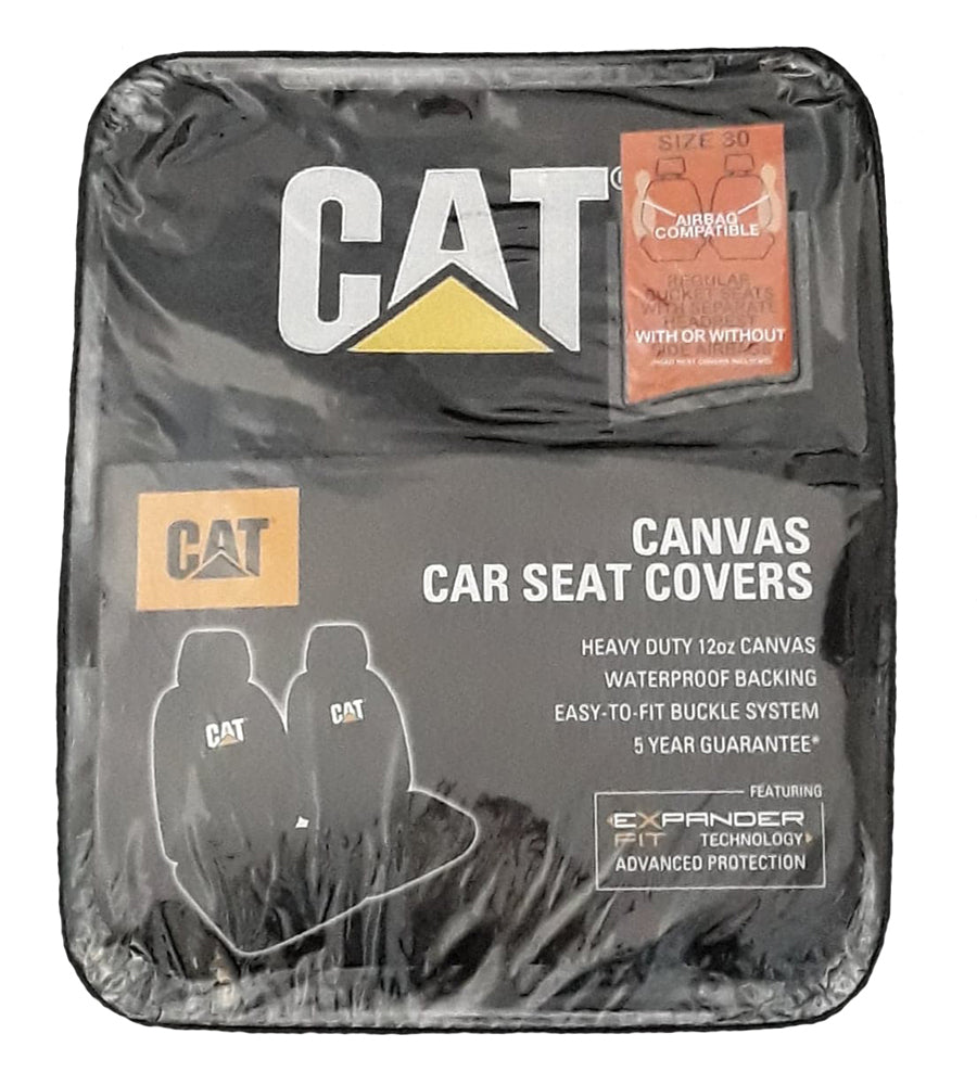 CAT Brand Icon Design Canvas Seat Covers Black Front Pair - CVCATBX-ICON30