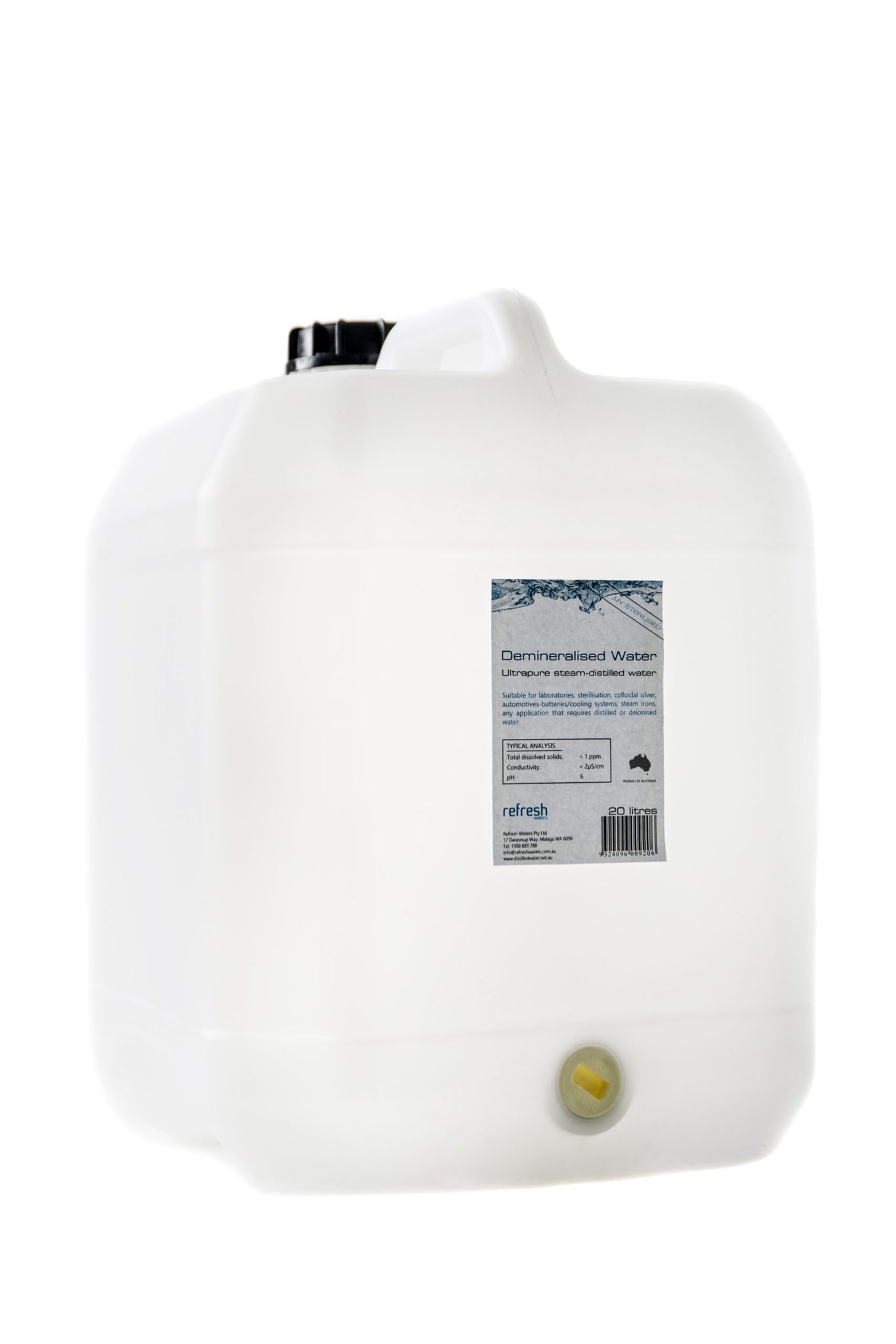Refresh Demineralised Water 20L Ultra Pure Steam Distilled Water - S2192 (Bulky Item Freight Charges Apply)