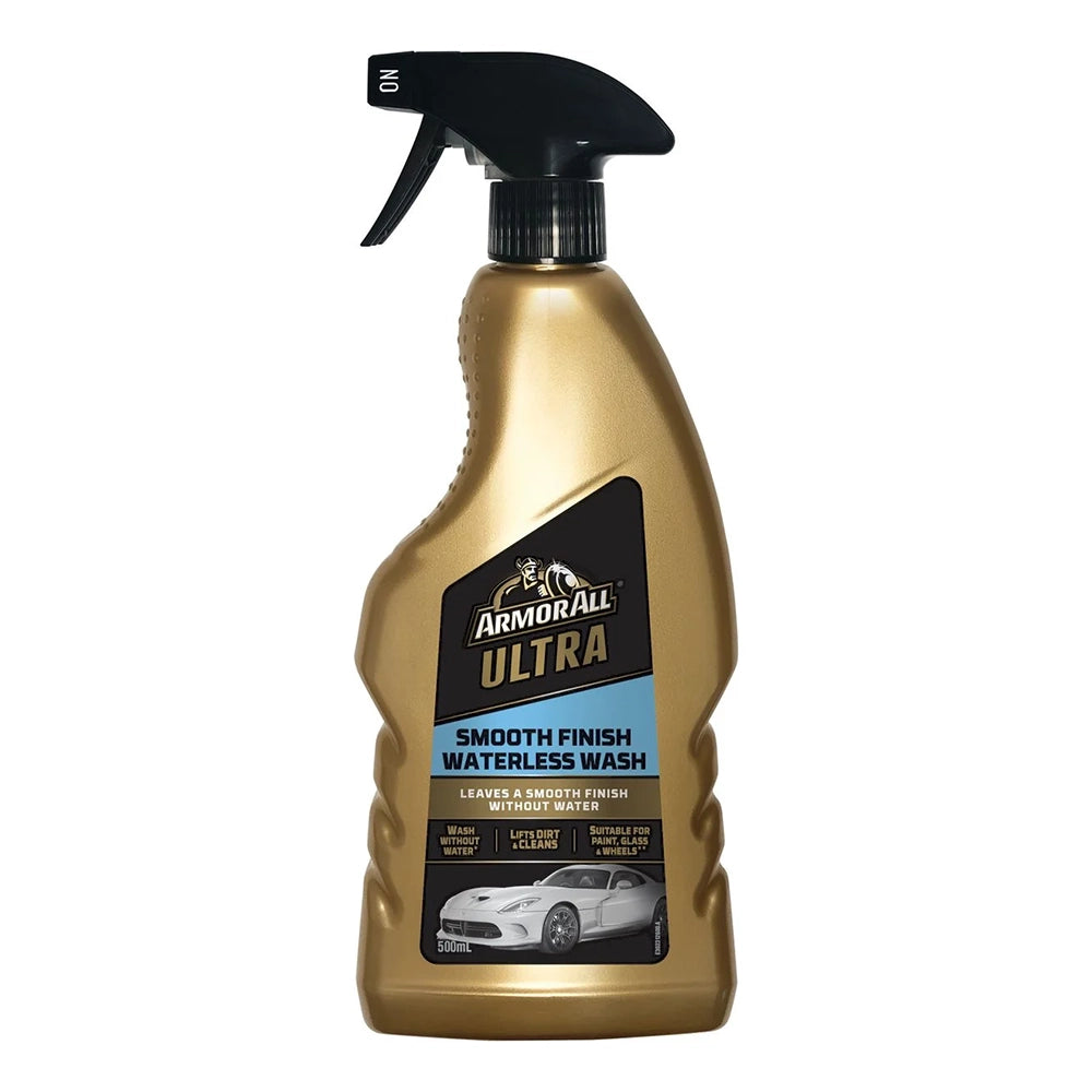 Gold bottle of Armor All Ultra Smooth Finish Waterless Wash on a white background