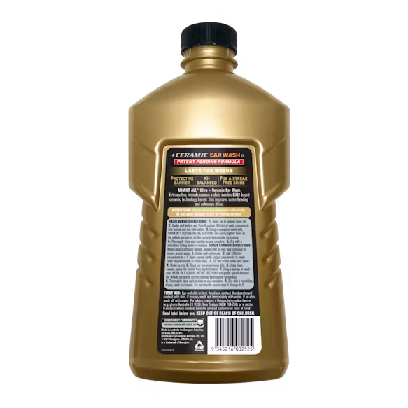 A gold bottle of Armor All Ultra Ceramic Car Wash fluid.