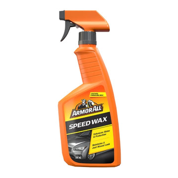 Orange spray bottle of Armor All Speed Wax on a white background