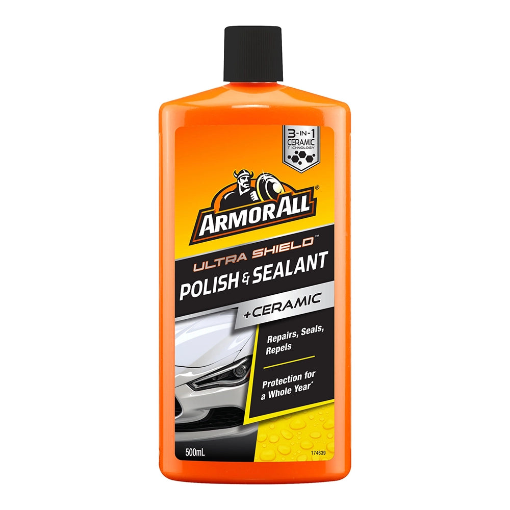 Orange bottle of Armor All Ultra Shield Polish & Sealant on a white background