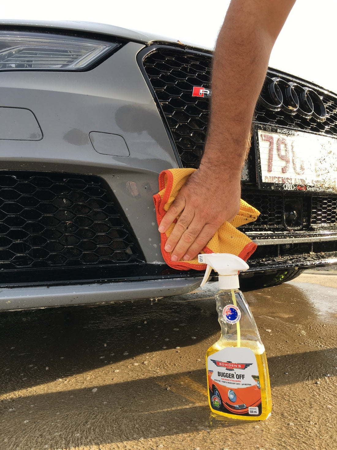 A yellow spray bottle with a label reading 'Bugger Off', indicating it is a bug cleaning product.