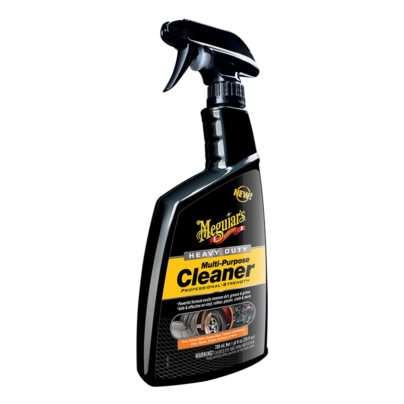 Black Meguiar's Heavy Duty Multi-Purpose Cleaner bottle with a spray nozzle on a white background