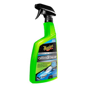 Green spray bottle with black nozzle labeled 'Meguiar's Ceramic Detailer' on a white background