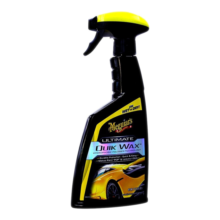 A black bottle of Meguiar's Ultimate Quik Wax with yellow details and a yellow car on the label.