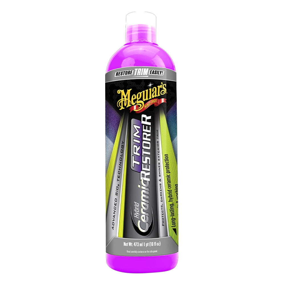 Meguiar's Trim Restorer bottle with purple cap and label on a white background