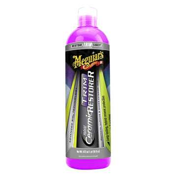 Meguiar's Trim Restorer bottle with purple cap and label on a white background