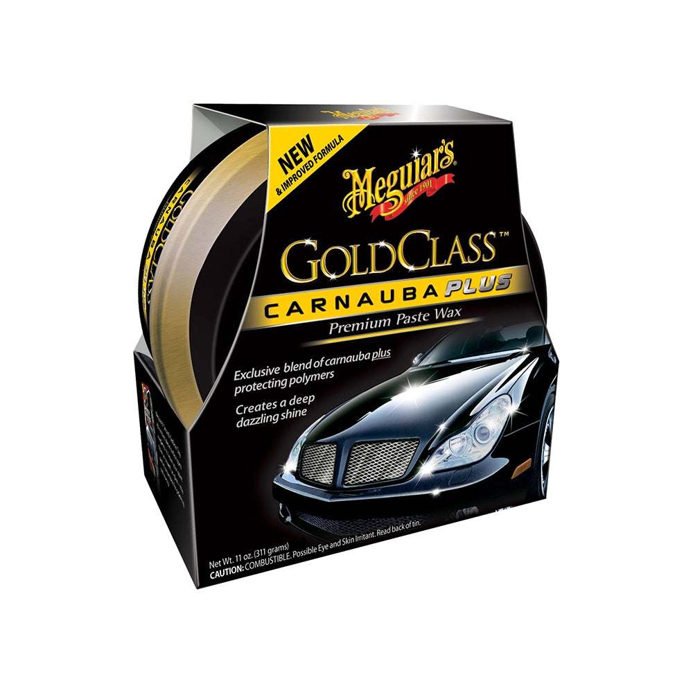 Meguiar's Gold Class Carnauba Plus car wax packaging on a white background