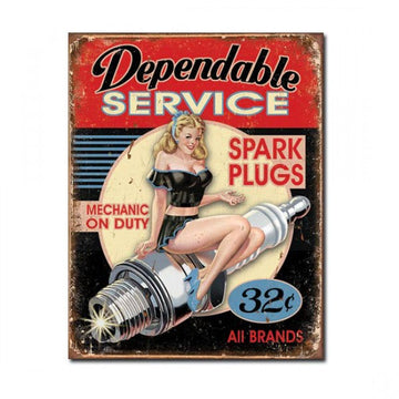 Dependable Service Spark Plugs, Mechanic on Duty. Metal Sign 32cm x 41cm - MSI1991