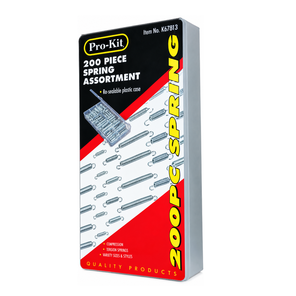 Pro-Kit 200 Piece Spring Assortment in its retail packaging, featuring a black, white, and red box with yellow text and illustrations of steel compression springs.