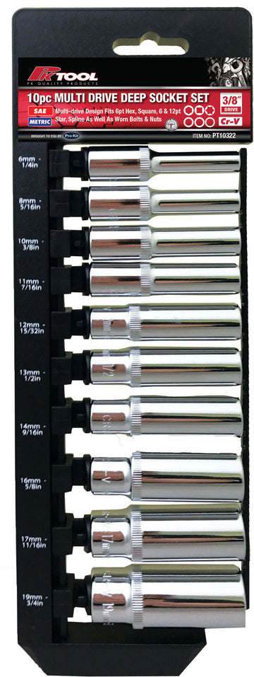PKTool 10pc 3/8 inch Drive Metric and SAE Multi-Drive Deep Socket set  - PT10322 (Pickup Only)