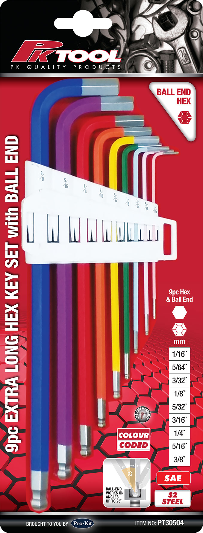 PKTool 9pc SAE Color Coded Extra Long Hex Key Set with Ball End - PT30504 (Pickup Only)