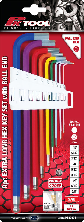 PKTool 9pc SAE Color Coded Extra Long Hex Key Set with Ball End - PT30504 (Pickup Only)