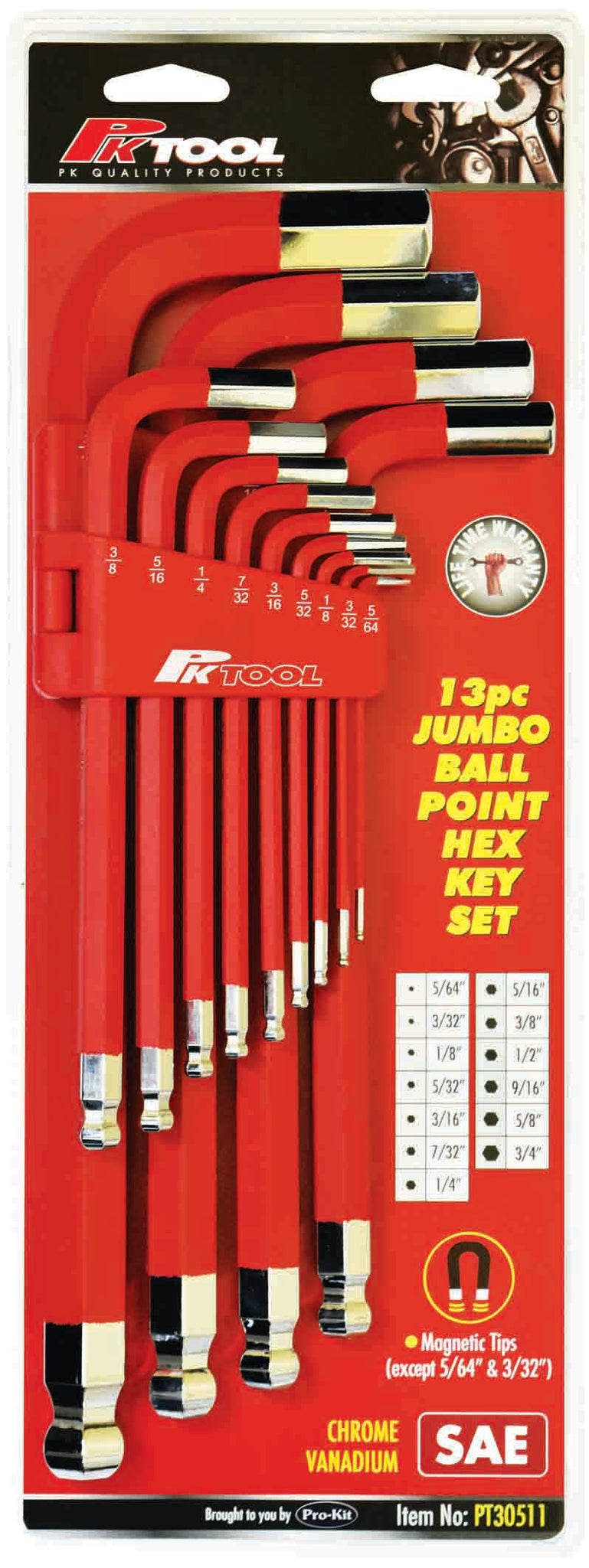 PKTool 13pc Jumbo Long SAE Ball End Hex Key Set with Magnetic End Tips - PT30511 (Pickup Only)