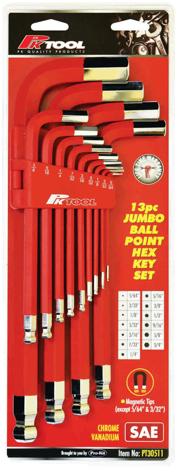 PKTool 13pc Jumbo Long SAE Ball End Hex Key Set with Magnetic End Tips - PT30511 (Pickup Only)