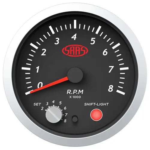 SAAS Tachometer Petrol 0-8K Shiftlight 80mm (3 1/8") Street Series Black 12V - SG21261