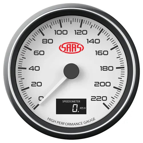 SAAS Speedo 0-220 KPH 80mm (3 1/8") In Dash Muscle Series I White 12V - SG31631