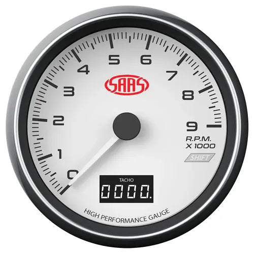 SAAS Tachometer 0-9K Shiftlite 80mm (3 1/8") In Dash Muscle Series I White 12V - SG31641