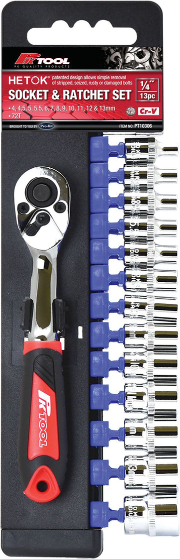 PKTool 13 Piece 1/4'' Dr Metric Hetok Socket & Ratchet Set  - PT10306