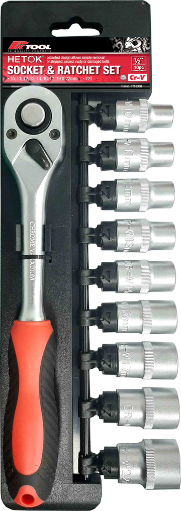PKTool 10 Piece 1/2" Dr Metric Hetok Socket & Ratchet Set  - PT10308