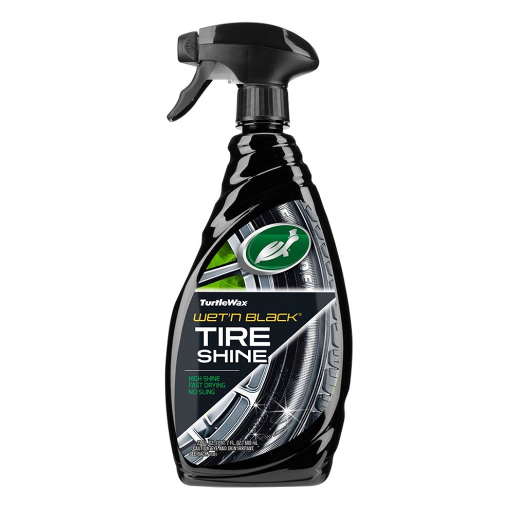 Black Turtle Wax tire shine spray bottle on a white background