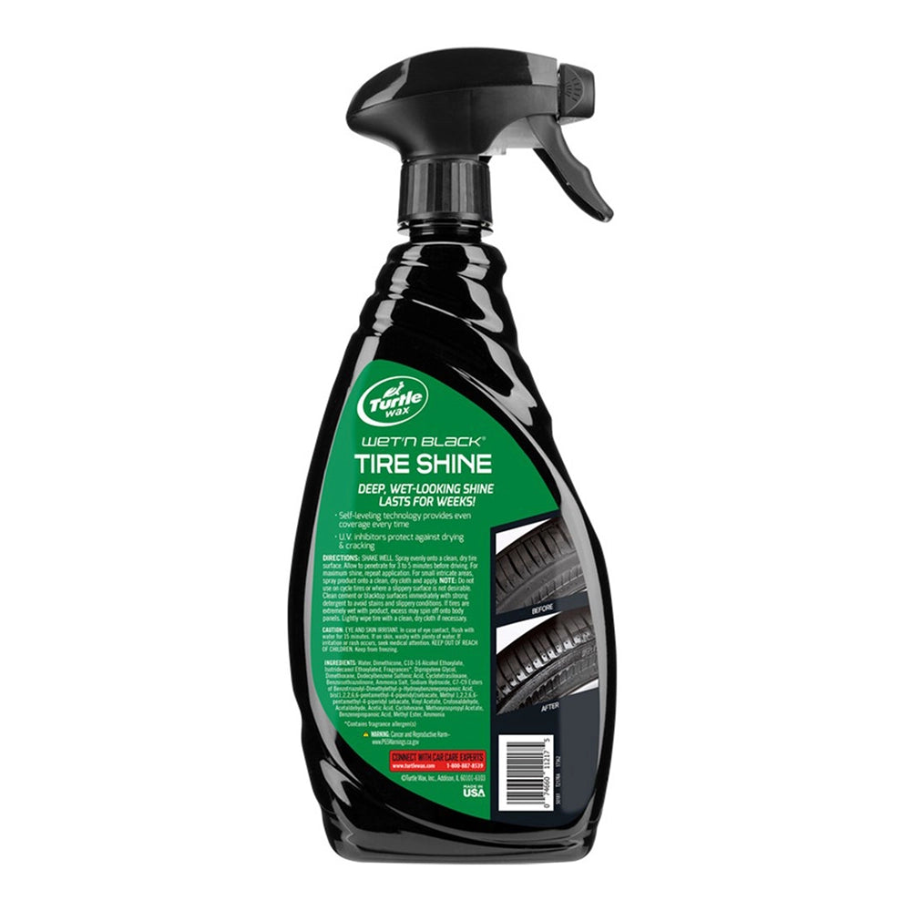 Black Turtle Wax tire shine spray bottle on a white background