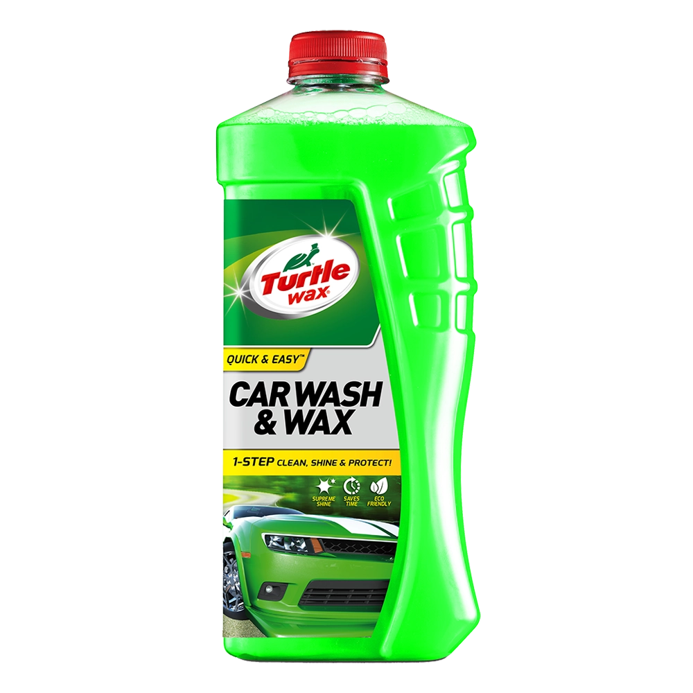 Green bottle of Turtle Wax car wash and wax product on a white background