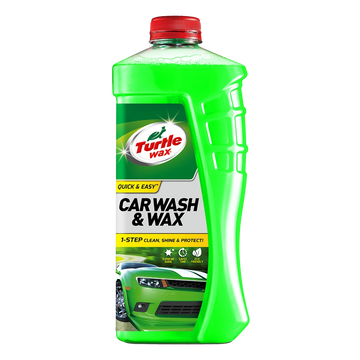 Green bottle of Turtle Wax car wash and wax product on a white background