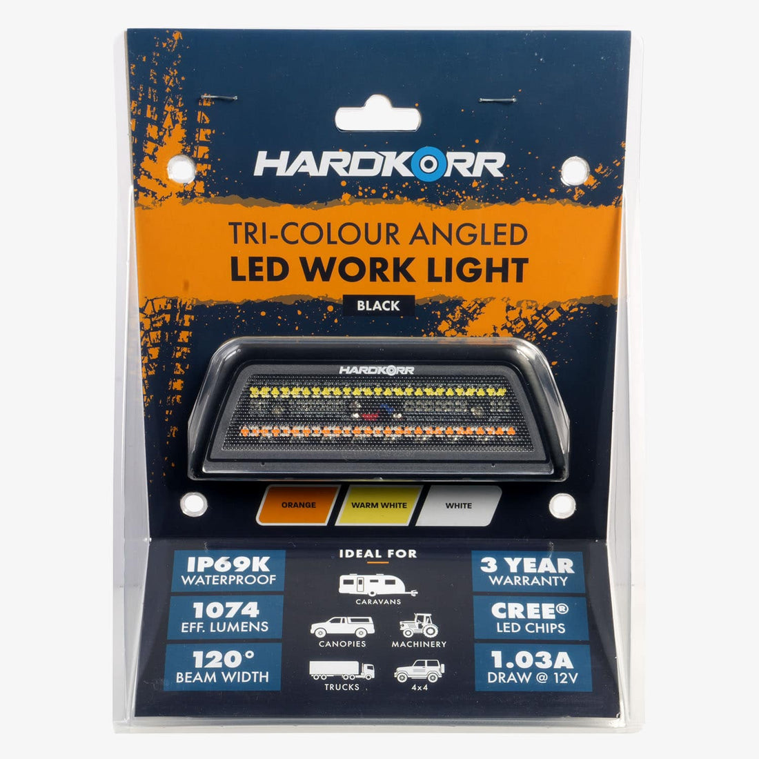 HardKorr XDW Series Tri-Colour 1074 Lumens 45 Degree Angled Work Light with CREE LEDs and 3m Cable - Black - HKXDWOW45B