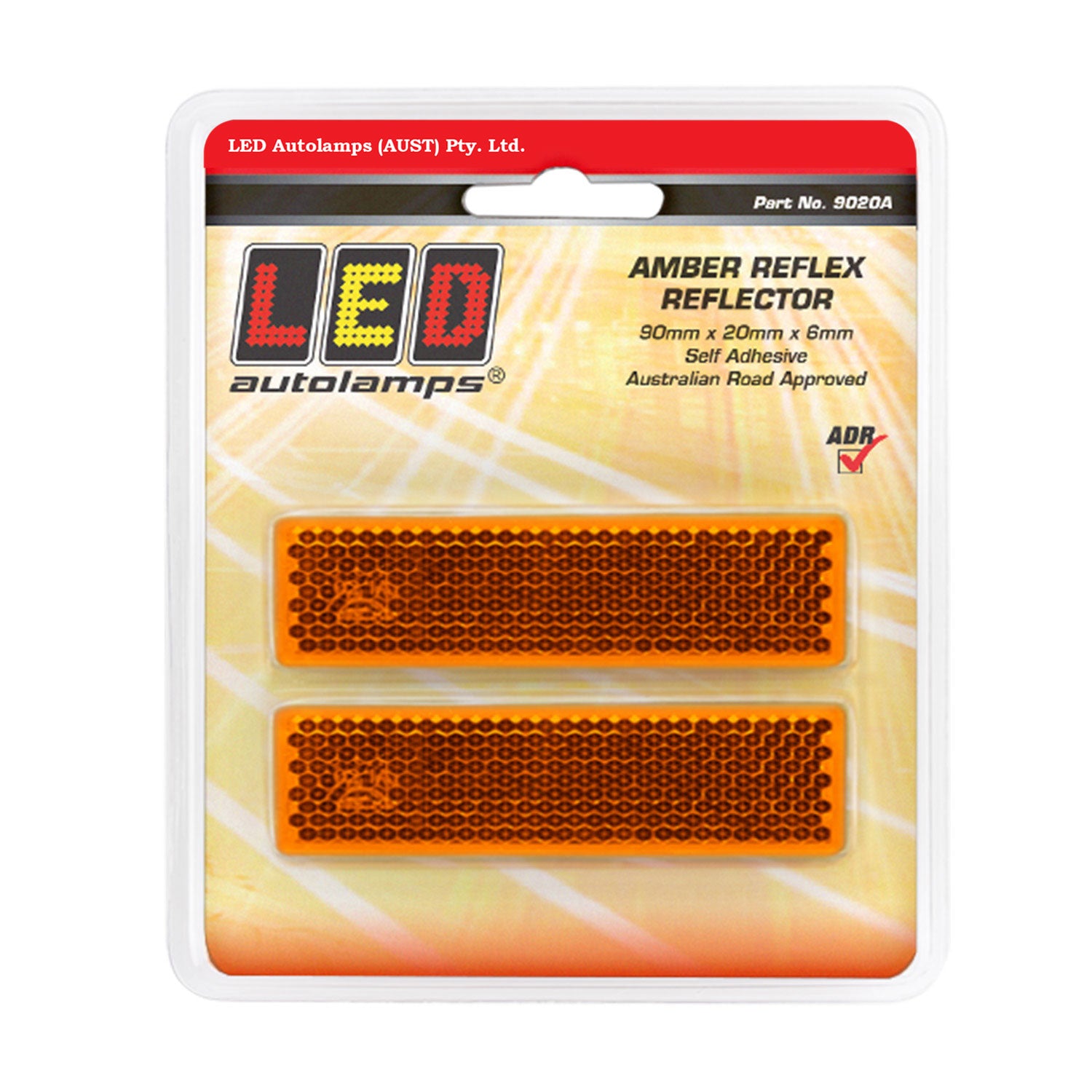 LED Autolamps 9020A Slimline Amber Reflex Reflectors - Rectangle Shape with 3M Double Sided Tape Mount