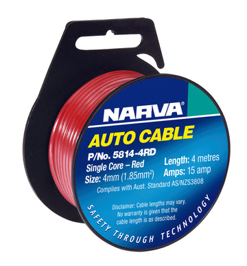 Narva Single Core Cable, 4mm 15A 4M Red - 5814-4RD