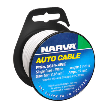 Narva Single Core Cable, 4mm 15A 4M White - 5814-4WE