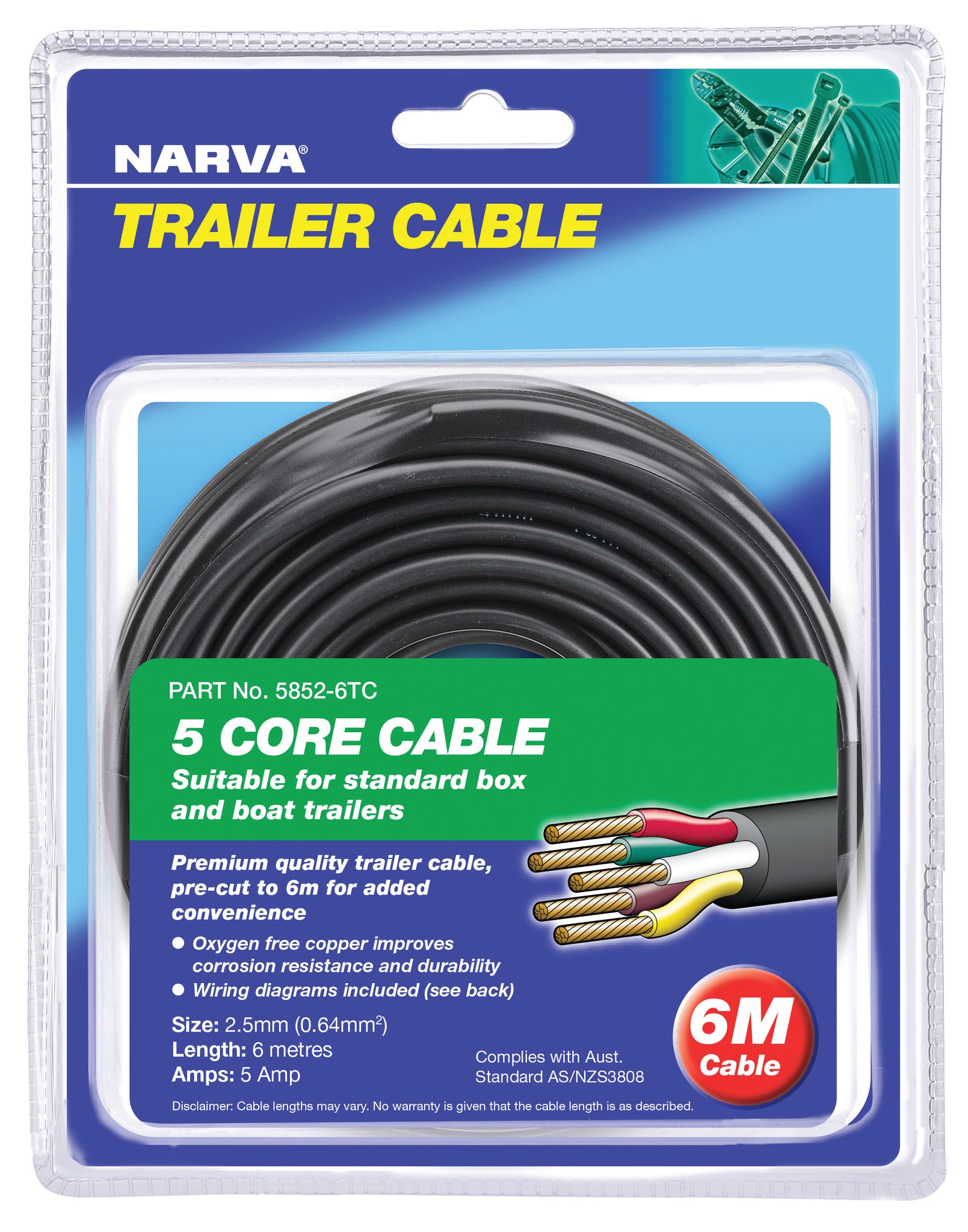 Narva 5A 2.5MM 5 CORE TRAILER CABLE (6M) Red; Green; Yellow; White; Brown 5852-6TC