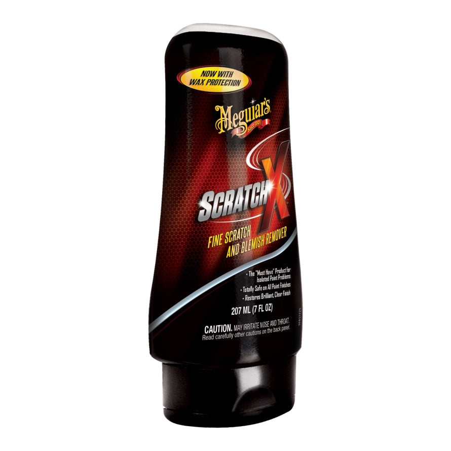 Meguiar's ScratchX fine scratch and gloss remover bottle on a white background