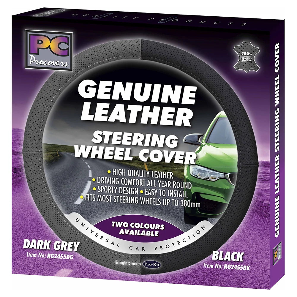 PCCovers 38cm Steering Wheel Cover - Genuine Leather Perforated - Black - RG2455BK (Pickup Only)