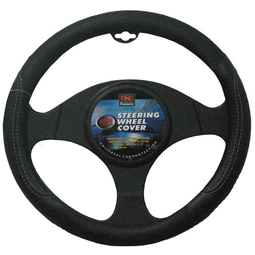 PCCovers 38cm Steering Wheel Cover - Leather Feel, Raised Stitching - Black - RG2476BK (Pickup Only)