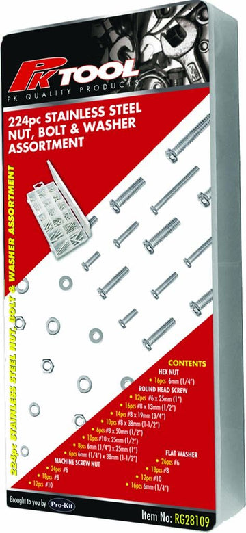 PKTool 224pc Stainless Steel Nut, Bolt and Washer Assortment - RG28109 (Pickup Only)