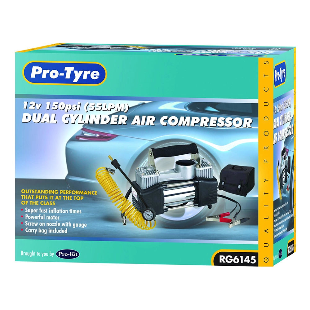 ProTyre Air Compressor - 12V 150PSI Super Heavy Duty Dual Cylinder - RG6145