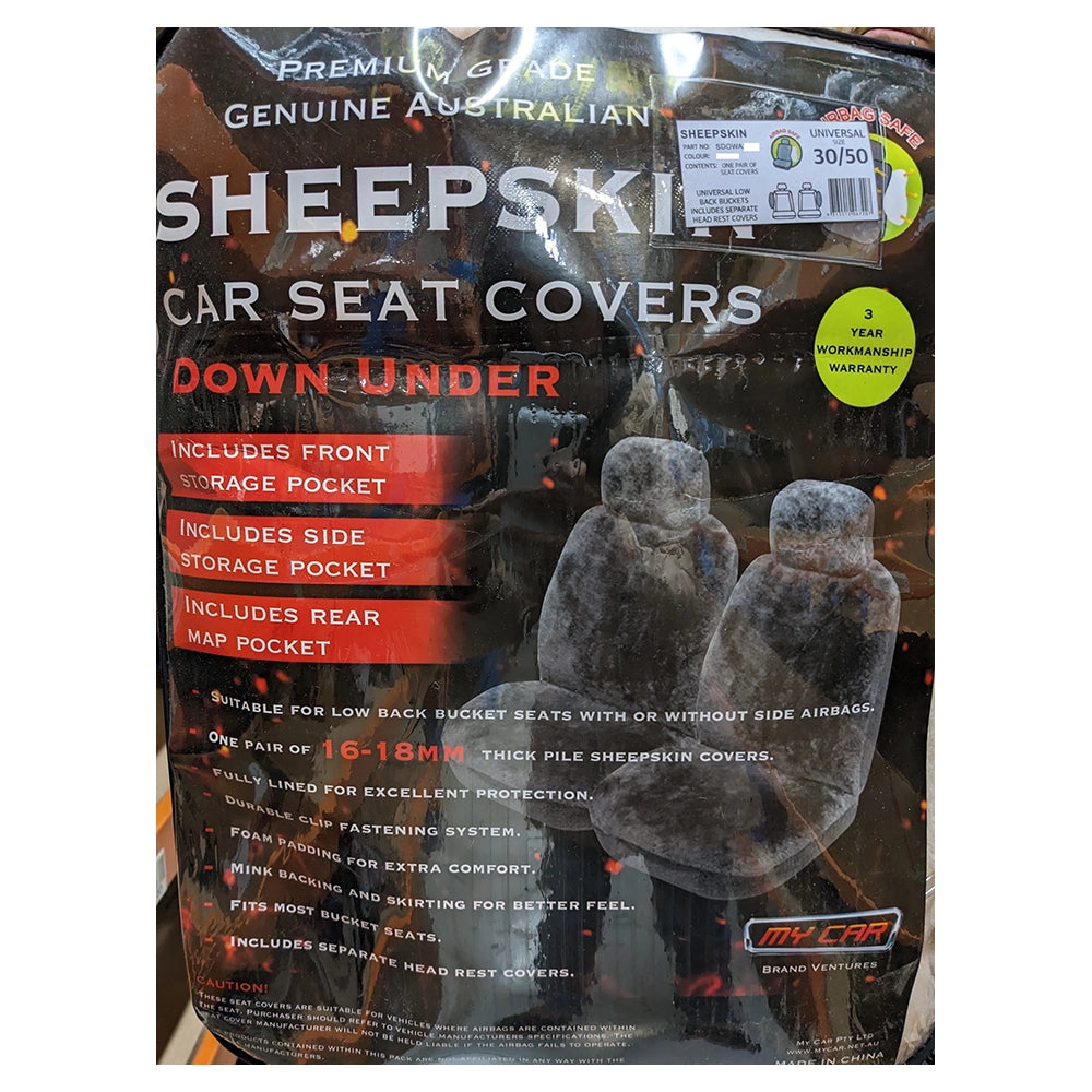 MyCar Downunder 16mm Thick Sheepskin Front Seat Covers Universal Size 30 - Charcoal - SDOWA3008