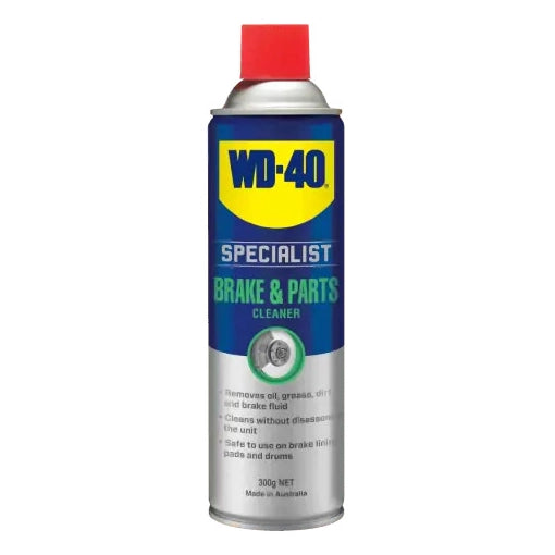 A blue and silver WD-40 Specialist Brake & Parts Cleaner can, with a red lid on a white background