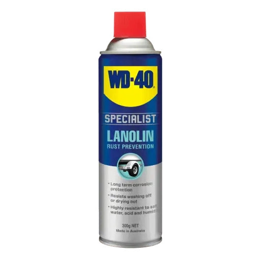 WD-40 Specialist Lanolin Rust Prevention spray can on a white background. The can is blue and silver with a red lid, and a yellow WD-40 logo near the top.