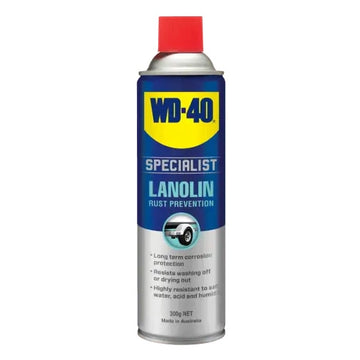 WD-40 Specialist Lanolin Rust Prevention spray can on a white background. The can is blue and silver with a red lid, and a yellow WD-40 logo near the top.